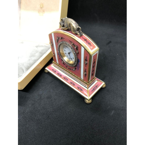 1115 - A stunning Russian silver and enamel diamond clock 

Weight 233.3 grams 
Height to hog top 9cm
Lengt... 