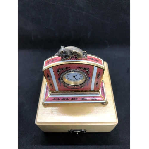 1115 - A stunning Russian silver and enamel diamond clock 

Weight 233.3 grams 
Height to hog top 9cm
Lengt... 