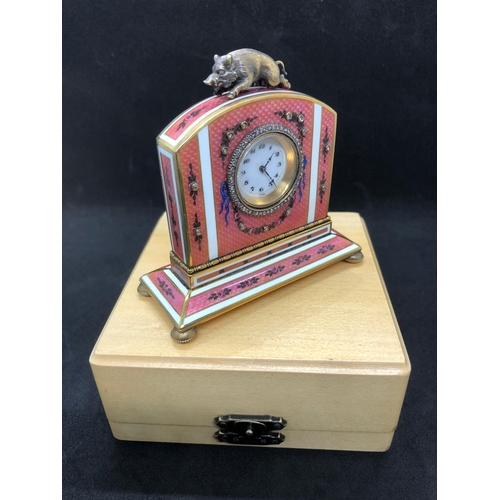 1115 - A stunning Russian silver and enamel diamond clock 

Weight 233.3 grams 
Height to hog top 9cm
Lengt... 