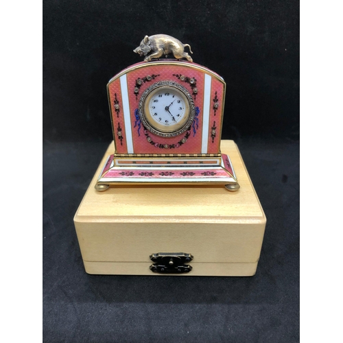 1115 - A stunning Russian silver and enamel diamond clock 

Weight 233.3 grams 
Height to hog top 9cm
Lengt... 