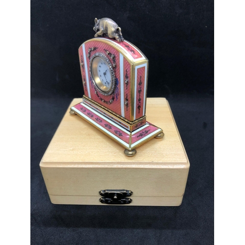 1115 - A stunning Russian silver and enamel diamond clock 

Weight 233.3 grams 
Height to hog top 9cm
Lengt... 