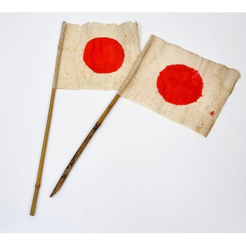 1017 - A Pair of WW2 Japanese Bamboo and Paper Patriotic Flags 50cm length approximately