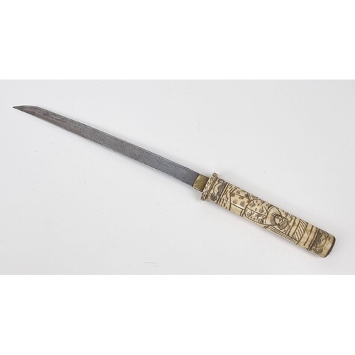 1023 - An Early 20th Century Japanese Ornate Short Sword with Carved Bone Handle and Saya (Scabbard)-48cm L... 