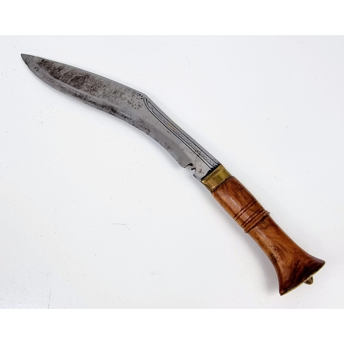 1178 - WW2 Period Kukri Engraved Blade in original sheath with both side knives. Wood and Brass Handle. 39c... 