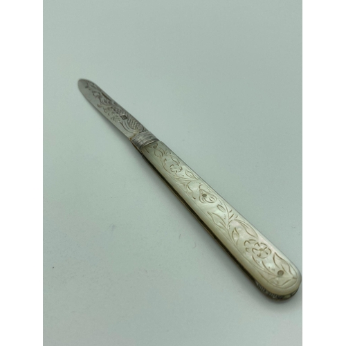 84 - Antique SILVER BLADED FRUIT KNIFE having patterned mother of pearl handle with beautifully engraved ... 