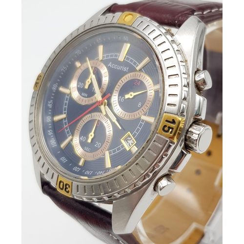 1300 - An Accurist Chronograph Gents Watch. Burgundy leather strap and case - 42mm. Black dial with three g... 