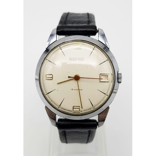 1301 - A Vintage Russian Boctok Gents Watch. Black leather strap with stainless steel case - 35mm. Mechanic... 