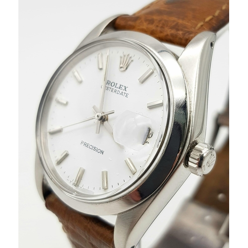 347 - A Rolex Oysterdate Precision Gents Watch. Brown leather strap. Stainless steel case - 36mm. White di... 