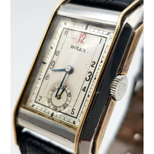 382 - A Rare Vintage Rolex Art Deco Tank-Style Watch. Leather strap with Rolex buckle. Two tone case - 25 ... 