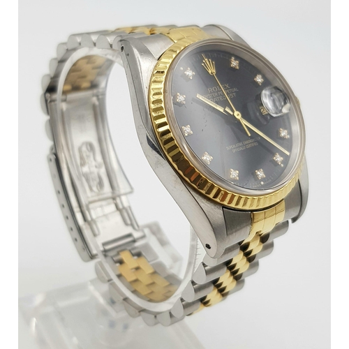 389 - A Rolex Perpetual Datejust Automatic Gents Watch. Two tone, gold/steel strap and case - 36mm. Black ... 