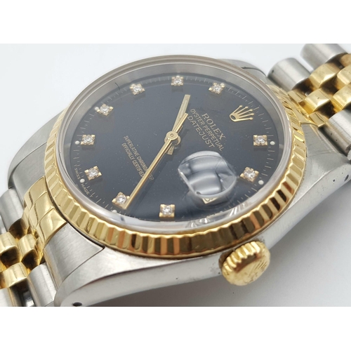 389 - A Rolex Perpetual Datejust Automatic Gents Watch. Two tone, gold/steel strap and case - 36mm. Black ... 