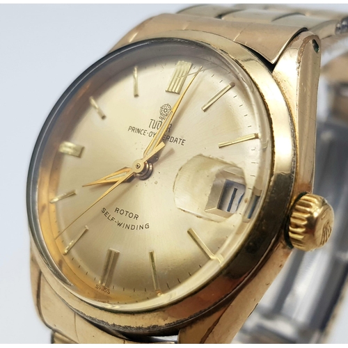 99 - A TUDOR PRINCE-OYSTERDATE AUTOMATIC GOLD PLATED WATCH WITH CASE AND STRAP MADE BY ROLEX.  34mm