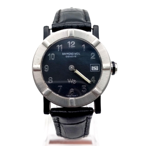 1187 - A Raymond Weil Ladies Quartz Watch. Black leather strap. Case - 30mm. Black dial with date window. I... 