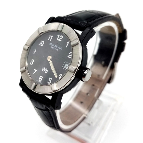 1187 - A Raymond Weil Ladies Quartz Watch. Black leather strap. Case - 30mm. Black dial with date window. I... 