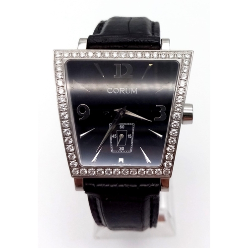 194 - A CORUM PLATINUM LADIES FASHION WATCH WITH DIAMOND BEZEL , BLACK FACE AND SECOND HAND ON A BLACK CRO... 