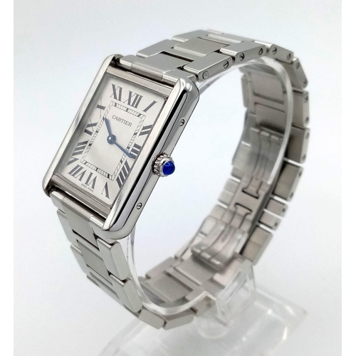 375 - A Cartier Stainless Steel Gents Tank Watch. Case - 27 x 35mm. White dial with roman numerals. Quartz... 