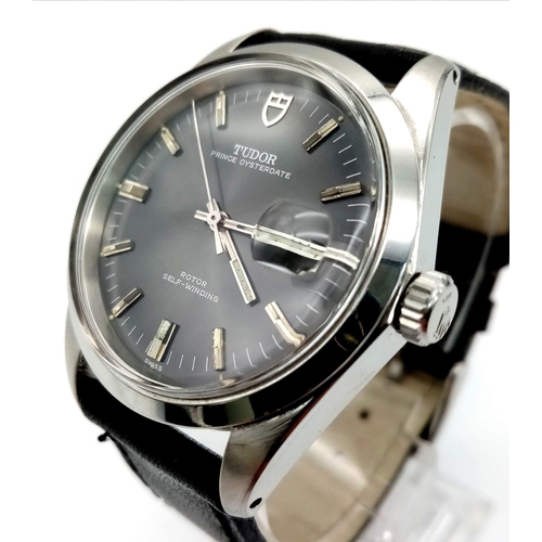 52 - A Tudor Prince Oysterdate Automatic Gents Watch. Leather strap. Stainless steel case - 40mm. Grey di... 