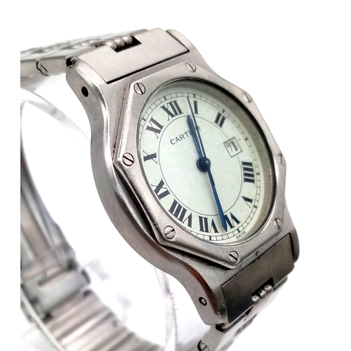 535 - An Automatic Cartier Ladies Watch. Stainless steel strap and octagon case - 30mm. White dial with Ro... 