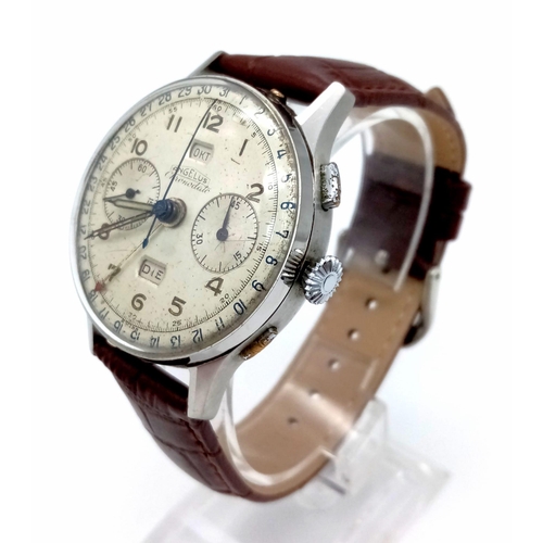 564 - A Vintage Angelus Chronodato Gents Watch. Brown leather strap. Stainless steel case - 38mm. White di... 