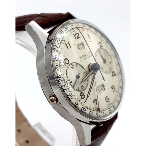 564 - A Vintage Angelus Chronodato Gents Watch. Brown leather strap. Stainless steel case - 38mm. White di... 