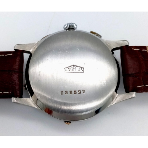 564 - A Vintage Angelus Chronodato Gents Watch. Brown leather strap. Stainless steel case - 38mm. White di... 