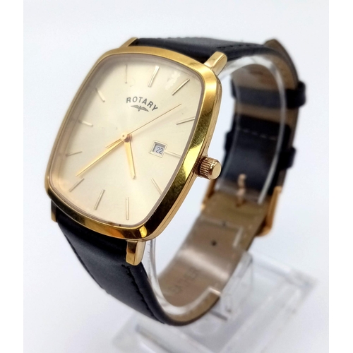 670 - A Rotary Windsor Quartz Gents Watch. Black leather strap. Gilded case - 33 x 33mm. Gilded dial with ... 