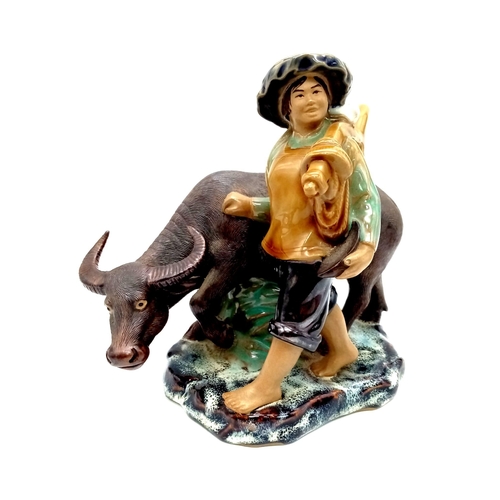 874 - Excellent Condition Vintage Chinese Pottery Figure of Chinese Worker with a Water Buffalo 19cm Lengt... 