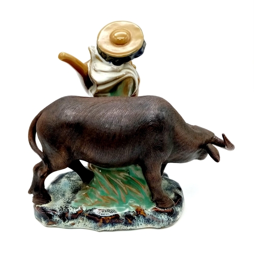 874 - Excellent Condition Vintage Chinese Pottery Figure of Chinese Worker with a Water Buffalo 19cm Lengt... 