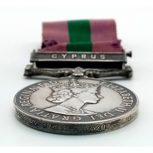 320 - General Service Medal 1918-62 with Cyprus Bar. Awarded to 23422333 Signalman A.Dakin Royal Signals.