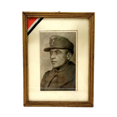 854 - A WW2 German Framed Photo of a Soldier with Iron Cross Ribbon.