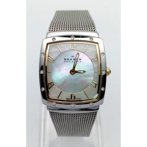 1179 - An Excellent Condition Danish Skagen Ladies Mother of Pearl Face Quartz Watch with Stone Set Bezel 2... 