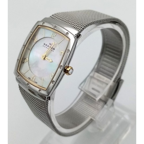 1179 - An Excellent Condition Danish Skagen Ladies Mother of Pearl Face Quartz Watch with Stone Set Bezel 2... 