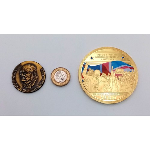 1054 - Two Large Vintage Winston Church Commemorative Capsuled Medallions Comprising a Large VE Day Medalli... 