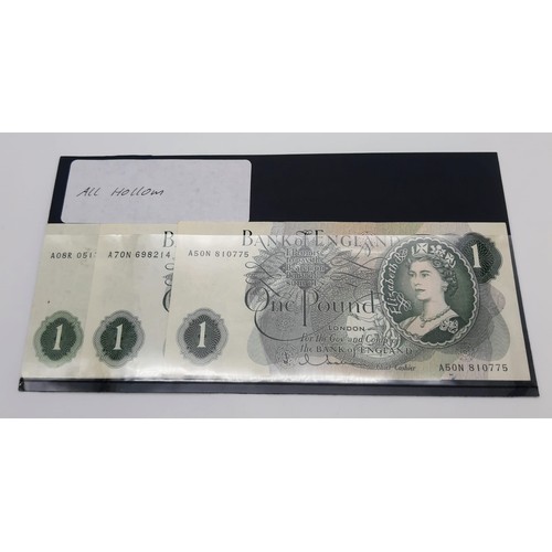 1103 - Three High Grade Hollum Bank of England One Pound Notes.