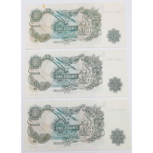 1176 - Three High-Grade Consecutive Number JB Page Bank of England One Pound Notes.