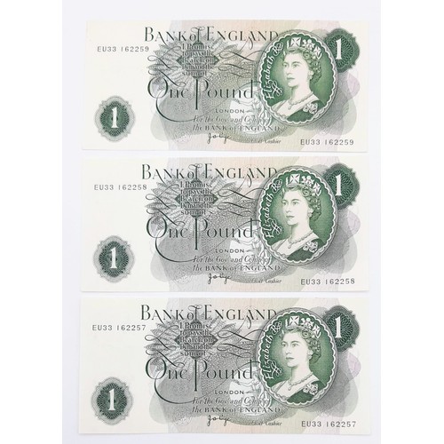 1176 - Three High-Grade Consecutive Number JB Page Bank of England One Pound Notes.