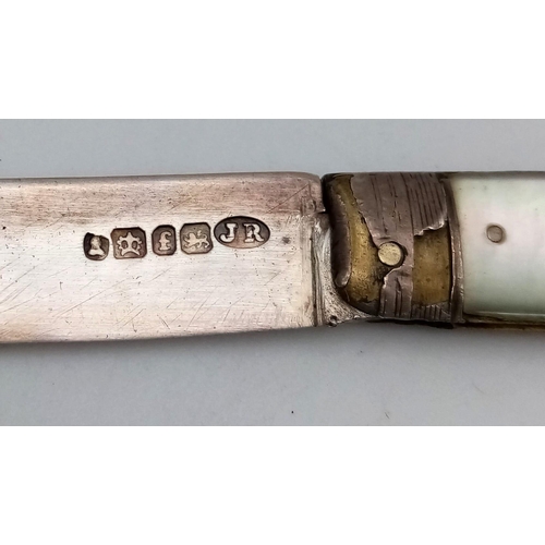 1093 - An Antique Sterling Silver and Mother of Pearl Fruit Knife. 14cm extended. Hallmarks for Sheffield 1... 