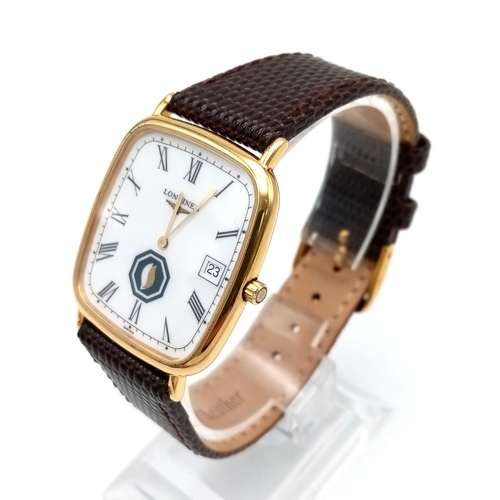 417 - A Vintage Longine Quartz Gents Watch. 7556238. Cal L.238.2. Brown leather strap. Rectangular gilded ... 