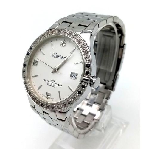 1195 - An Ingersoll Gem Encrusted Quartz Gents Watch. Stainless steel strap and case - 40mm. White dial wit... 