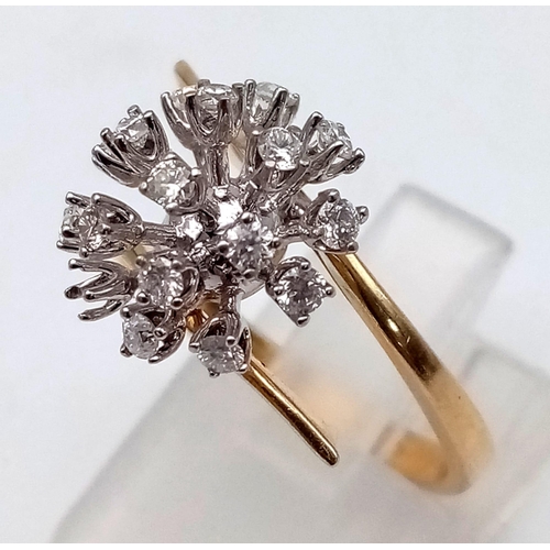 926 - An unusual design of a 14 K yellow gold ring with a cluster of diamonds (one missing), size: M, weig... 