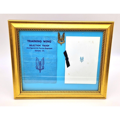 983 - An Original Framed SAS 21st Training Wing Selection Card with SAS Emblem Badge. In frame - 30 x 25cm... 