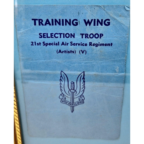 983 - An Original Framed SAS 21st Training Wing Selection Card with SAS Emblem Badge. In frame - 30 x 25cm... 