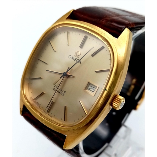 582 - An OMEGA DEVILLE 18 K yellow gold plated, gents, watch. Case diameter: 34 mm, gold tone bezel, face,... 