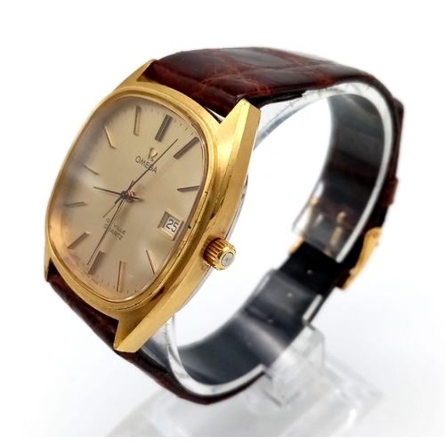 582 - An OMEGA DEVILLE 18 K yellow gold plated, gents, watch. Case diameter: 34 mm, gold tone bezel, face,... 