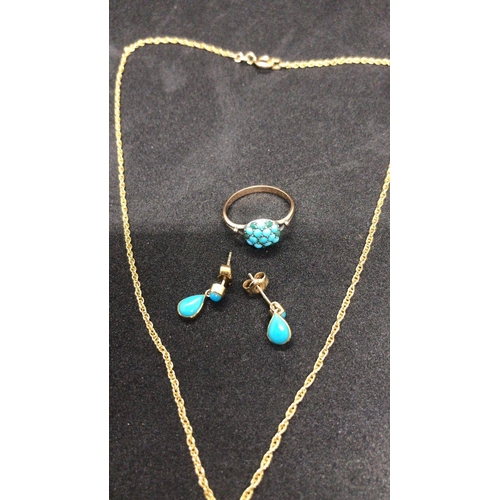 293 - A magnificent Set of 9k solid gold turquoise necklace chain ring and earrings 

Size of turquoise ri... 