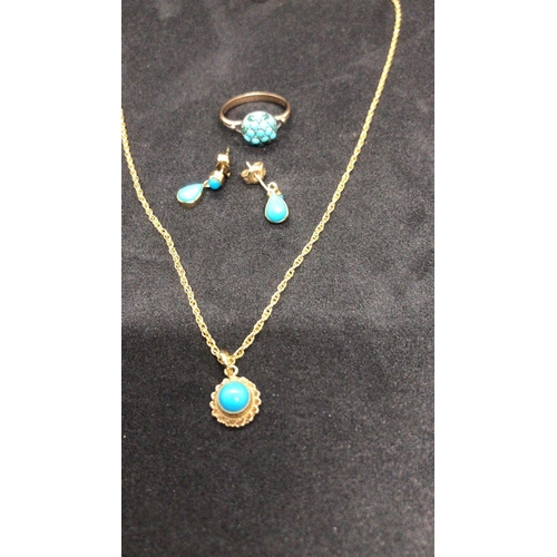 293 - A magnificent Set of 9k solid gold turquoise necklace chain ring and earrings 

Size of turquoise ri... 