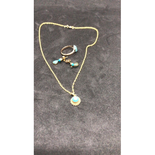 293 - A magnificent Set of 9k solid gold turquoise necklace chain ring and earrings 

Size of turquoise ri... 