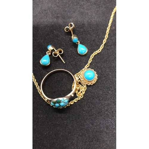 293 - A magnificent Set of 9k solid gold turquoise necklace chain ring and earrings 

Size of turquoise ri... 