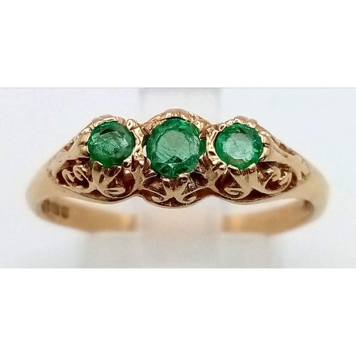 379 - 9k yellow gold vintage emerald trilogy ring, weight 2.5g and size S