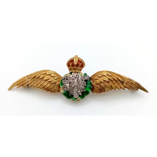 722 - VINTAGE 14K YELLOW GOLD DIAMOND & ENAMELLED RAF BROOCH 6.1G WEIGHT, 5.5CM LENGTH APPROX